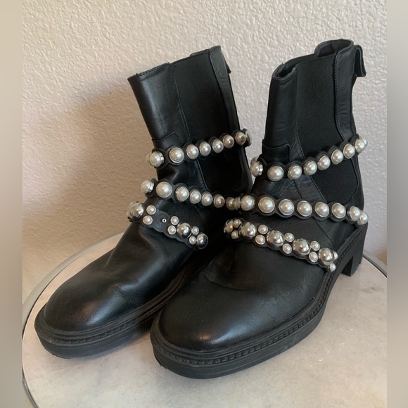 Zara Black Leather Pearl Straps Ankle Boots Block Heel Size 6!! - Picture 13 of 15